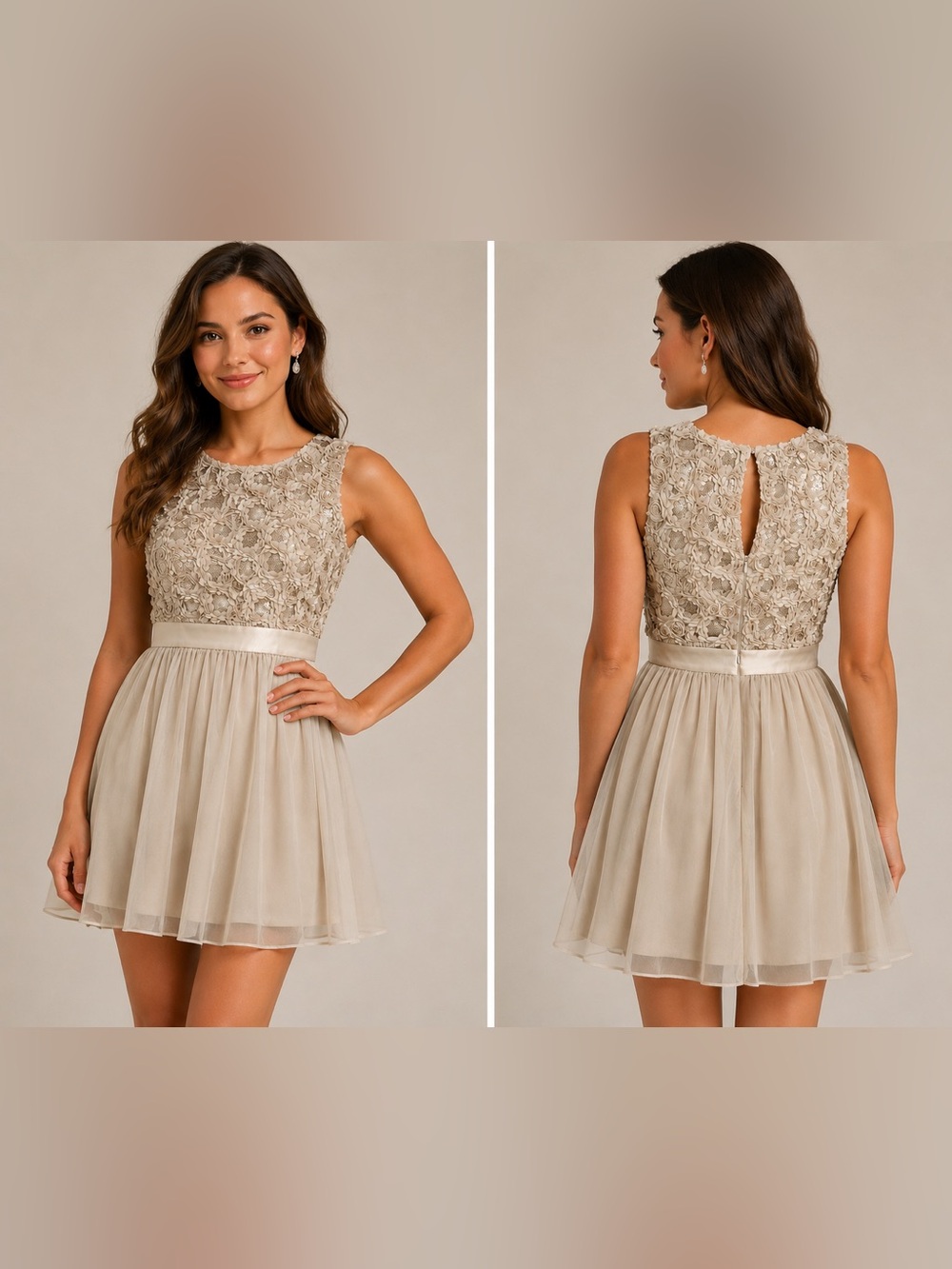 Sleeveless Lace‎ Bodice Chiffon Skater Dress in Beige